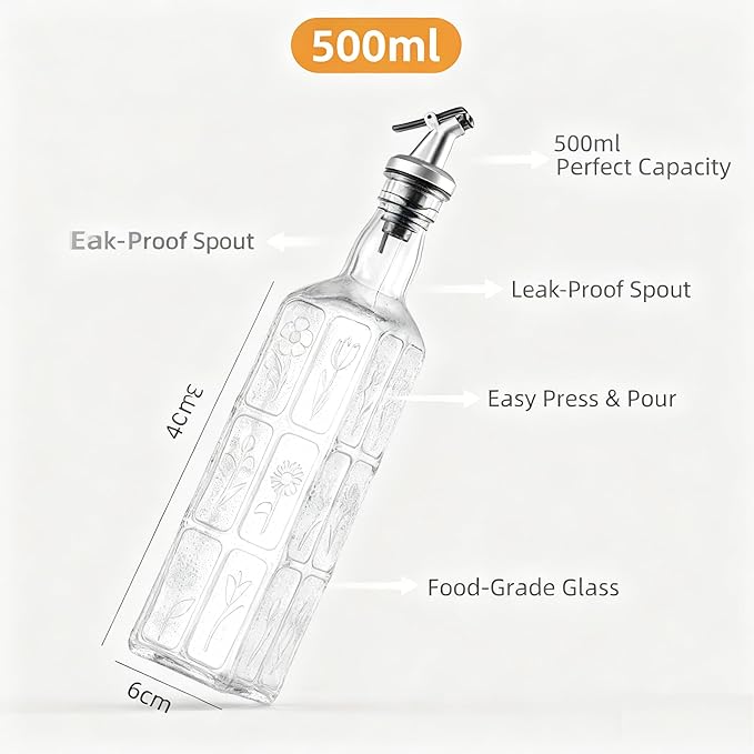 Glass Olive Oil Bottle Dispenser with Stainless Steel Nozzle Plug, 500ml Flowers Bouquet Embossed Square Oil and Vinegar Cruet, Decorative Oil Dispensers Carafe Decanter for Kitchen, 16.9 oz(Colorful)