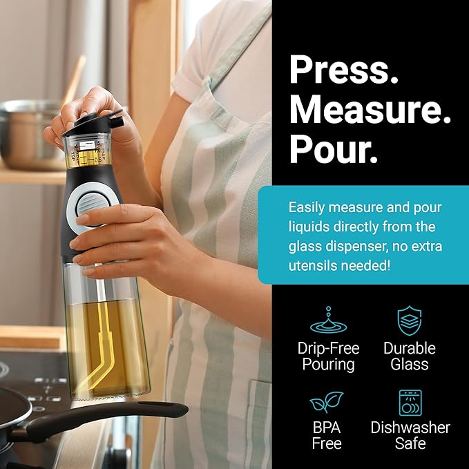 Belwares Oil and Vinegar Dispenser Set with Measuring Cup - 2 Glass Olive Oil Dispenser Bottles for Kitchen - Cooking Oil Bottle Set, Drip-Free Cruets for Salad Dressing, BPA-Free, Dishwasher Safe