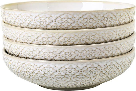 8 inch Pasta Bowls, 22 Oz Ceramic Serving Bowls Set of 4, Embossed Porcelain Salad Bowl, Serving Dishes for Pasta, Salad, Soup, Fruit, Housewarming Gift, Wedding Decor, Oven & Dishwasher Safe