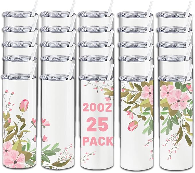 25 Pack Sublimation Tumblers Bulk 20oz, Sublimation Blanks Skinny Straight with Lids and Straws Bulk, Stainless Steel Double Wall Polymer Coating for Heat Transfer Customized Gifts