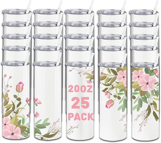 25 Pack Sublimation Tumblers Bulk 20oz, Sublimation Blanks Skinny Straight with Lids and Straws Bulk, Stainless Steel Double Wall Polymer Coating for Heat Transfer Customized Gifts