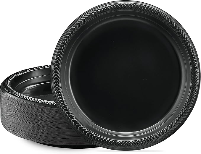 PLASTICPRO 200 PCS Black Plastic Plates Light Weight 9 Inch Plastic Dinner Plates Black Plate Disposable for Party and Wedding