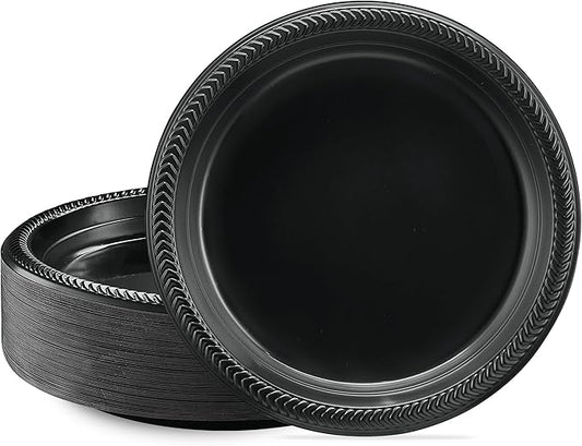 PLASTICPRO 200 PCS Black Plastic Plates Light Weight 9 Inch Plastic Dinner Plates Black Plate Disposable for Party and Wedding