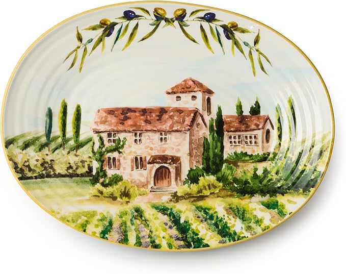 Tuscany Oval Platter – 16” Stoneware Serving Dish Featuring Scenic Italian Countryside with Villas, Vineyards & Olive Groves – Ideal for Roasts, Antipasto & Entertaining Guests