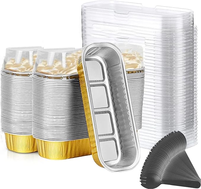 Mini Loaf Baking Pans with Lids And Spoons (100 Pack, 6.8oz) Rectangle Aluminum Foil Baking Pans Tins Containers - Cupcake Containers Wrappers Cheesecake Creme Brulee Ramekins