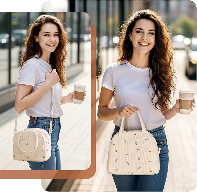 Lunch Box for Women Adults, Reusable Cute Corduroy Lunch Tote Box with Large Capacity, Insulated Lunch Bag with Adjustable Shoulder Strap, Perfect for Work, Picnic, Office or Travel