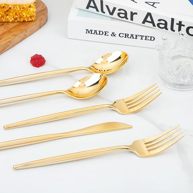 U-QE 120Pcs Gold Plastic Silverware, Luxury Plastic Cutlery, Heavy Weight Flatware, Gold Disposable Utensils Set Include 60 Forks, 30 Spoons,30 Knives for Party