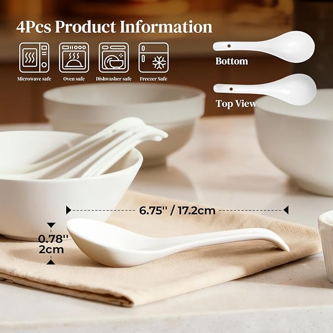 DOWAN Soup Spoons, Ceramic Asian Soup Spoons, White Japanese Spoon Large for Ramen Pho Wonton Dumpling Miso, Deep Oval Hook Design, Set of 4 (4, Soft white)
