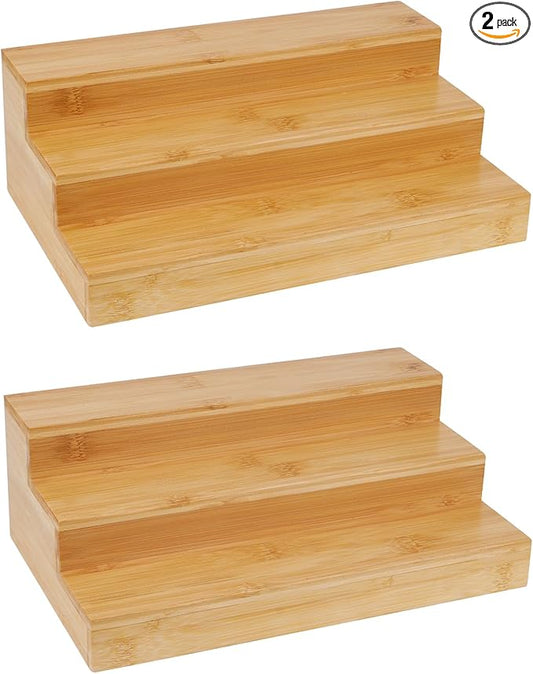 2 Pack Spice Rack Riser for Cabinet, Bamboo Spice Organizer Display Shelf for Kitchen Countertop