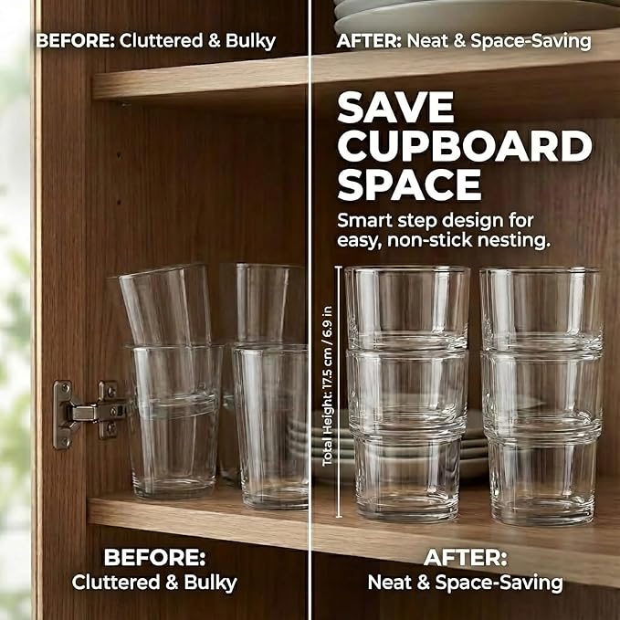 Stackable Drinking Glasses (Set of 6) – 13oz Clear Glass Cups for Iced Coffee, Juice & Beer – Modern Space Saving Highball Tumblers with Smart Non-Stick Design – Heavy Base & Dishwasher Safe