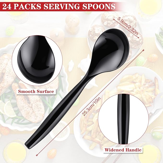 Mwellewm 10" Serving Spoons Plastic Serving Utensils 24 Packs Disposable Spoons for Buffet Large Heavy Duty Black Plastic Soup Spoons Catering Supplies for Parties Weddings Gatherings Holiday