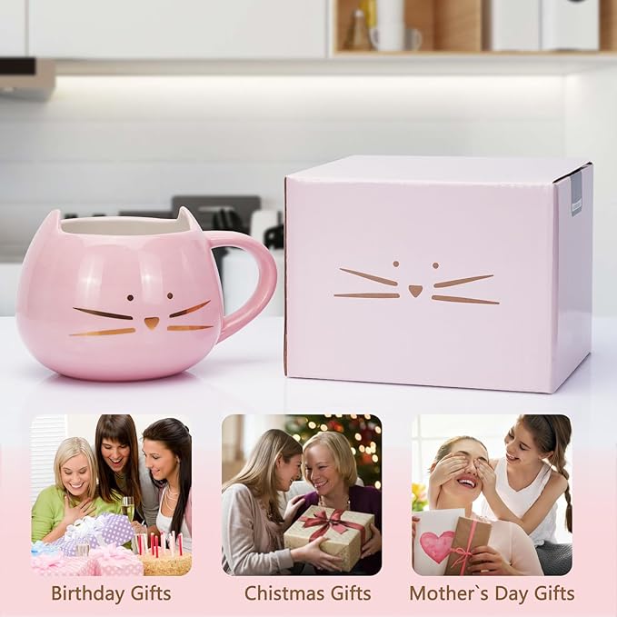 Koolkatkoo Cat Mug Cute Ceramic Coffee Mugs Hidden 3D Animal Inside Cup Novelty Tea Cup for Women Girl Gifts for Cat Lovers Holiday Mothers Day Christmas Birthday Gifts 12 oz Pink