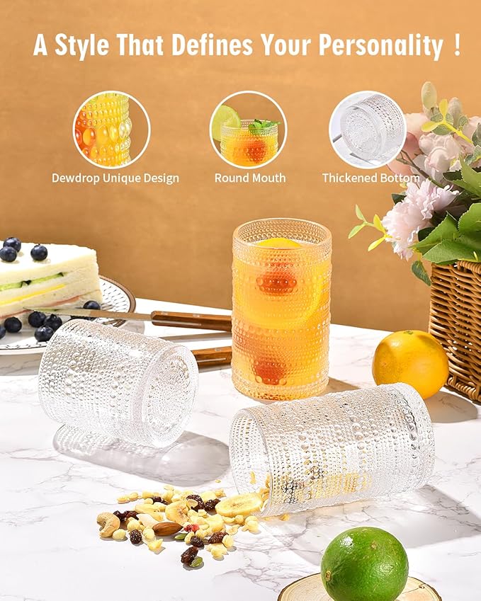 Vintage Hobnail Drinking Glasses Set of 8, Cocktail Glasses 14 oz and 12 oz, Cups for Kitchen, Beaded Glassware, Highball Glasses for Whiskey, Juice, Water, Beer