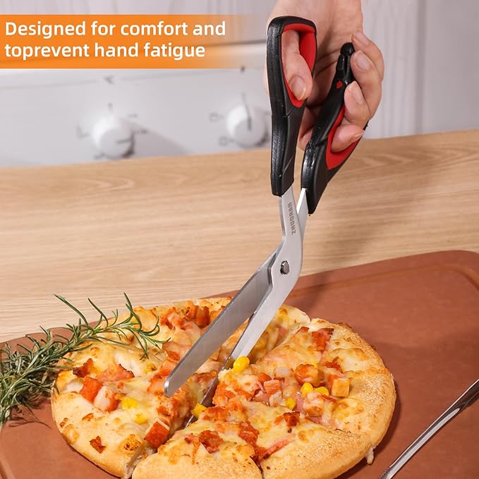 Pizza Scissors, Pizza Cutter with Shovel, Food-Grade Sharp Stainless Steel Blade and Soft Grip Handle, Multifunctional Kitchen Scissors, 27cm (red)