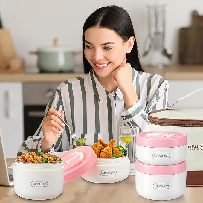 Dandat 4 Pcs Insulated Bento Box Portable Stainless Steel Food Container Round Stackable Leakproof Thermal Food Container for Adult Men Women with Insulated Bag, 74 oz (Pink)