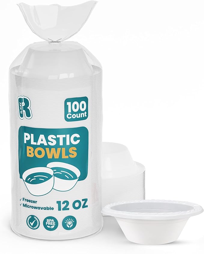 R-kay White Plastic Bowls - 200 Count Microwavable Disposable Bowls - Strong Heavy Duty And Sturdy (12 OZ, 200)