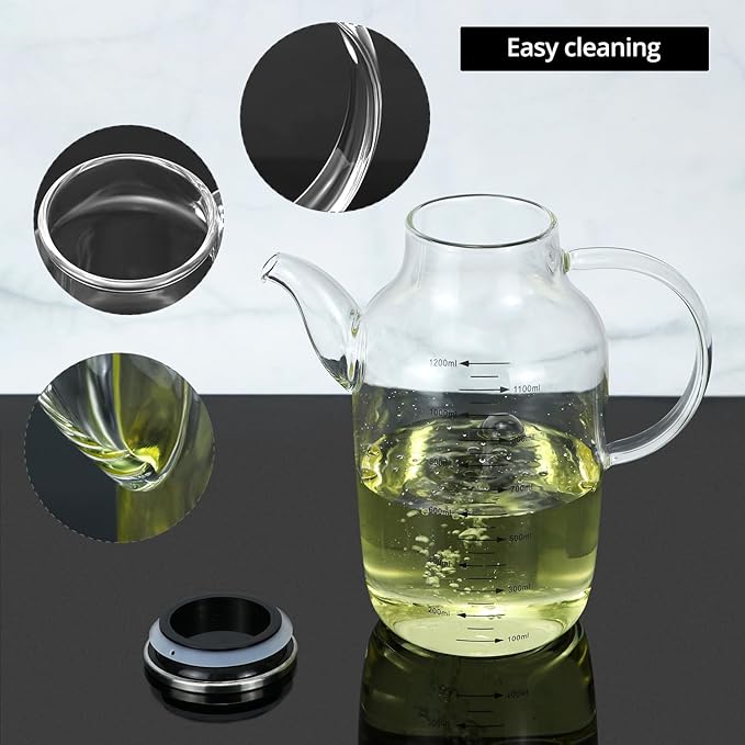 QWORK 1200ML/40Oz Large Glass Cooking Oil Bottle with Stainless Steel Lid, Oil & Vinegar Dispenser Bottle for Olive Oil, Vinegar, Soy Sauce, Kitchen No Drip Liquid Container