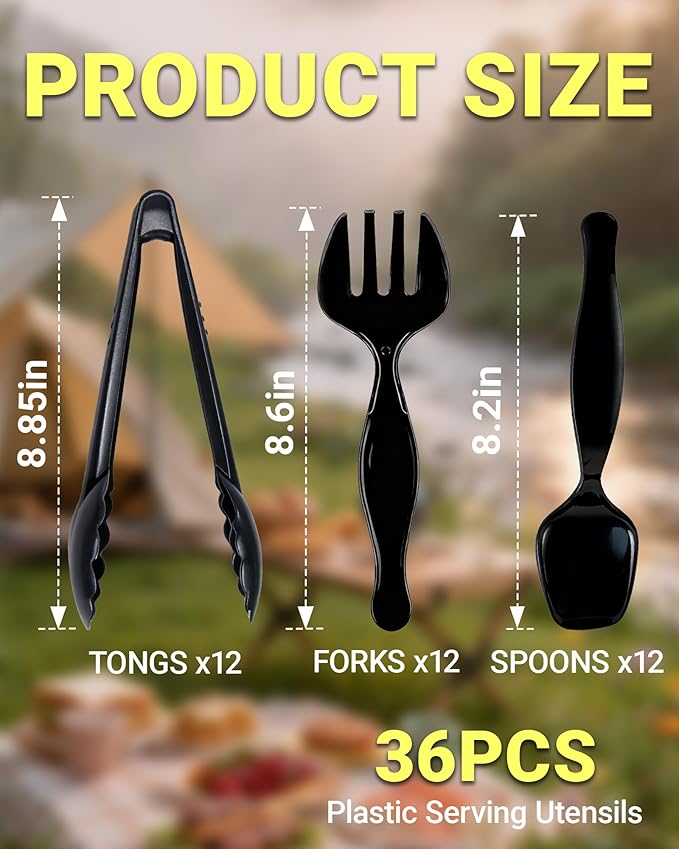 Disposable Black Plastic Spoons, Forks, Tongs | 12-Set (36 Pcs) Serving Utensils Set for Catering, Buffets, Parties, Events, Weddings, Picnics, Banquets, Daily Meals, Heavy-Duty Cutlery for Daily Use