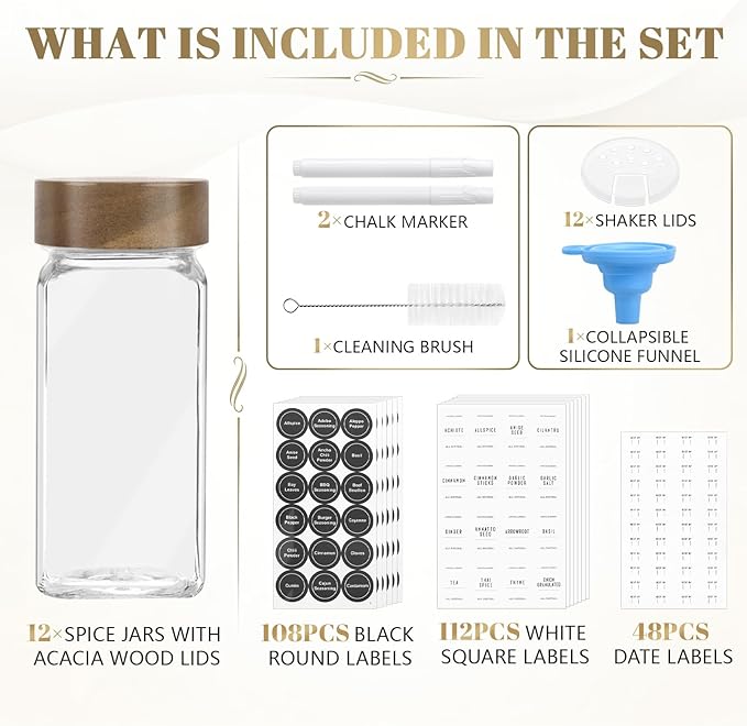 ZEHIQ 12Pcs Glass Spice Jars with Acacia Wood Lids, 4 oz Square Seasoning Containers with Labels, Seasoning Jars with Shaker Lids, Chalk Pen, Funnel, Cleaning Brush, Spice Bottles for Cabinet, Drawer