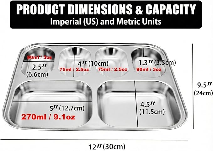 Korean Stainless Steel Divided Plates for Kids, Adults, Students, Premium 304, Electro-Polished, No Black Residue, BPA-Free, 6-Compartment Food Tray, Picky Eaters, Diet Portion Control, Set of 2
