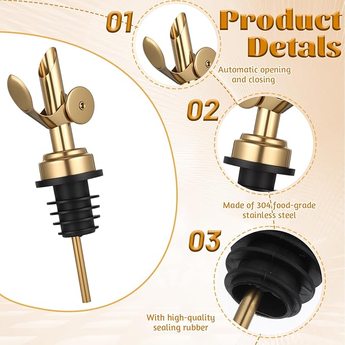 4 PCS Olive Oil Spout, Oil Spout for Olive Oil Bottle, Stainless Steel Self Closing Bottle Pourers, Weighted Oil Dispenser with Funnel and Brush for Wine, Vinegar, Syrup, Kitchen and Bar