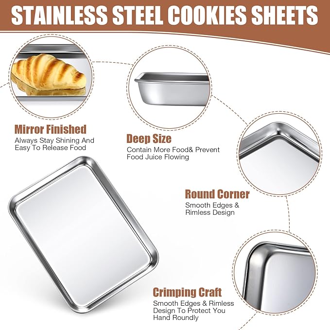 6 Pcs Baking Sheet Pan Set Stainless Steel Cookie Sheet Small Toaster Oven Pans Tray Barbecue Grill Pan Rectangle Trays Oven Freezer Bakery, Non-stick, Easy Clean, 9 x 6.7 x 1 Inches