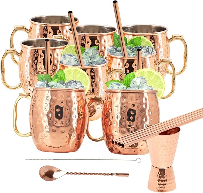 [Gift Set] Moscow Mule Mugs, Stainless Steel Lined Copper Moscow Mule Cups Set of 96 (19OZ) w/Straws, Jigger | Tarnish-Resistant Stainless Steel Interior