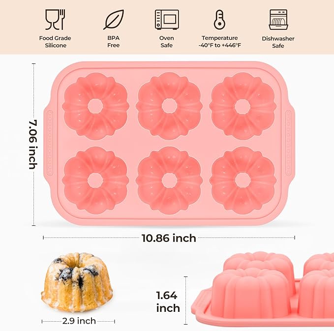 FUNBAKY Mini Fluted Tube Cake Pans for Baking with Metal Reinforced Frame, 2Pcs Silicone 6-Cavity Mini Flan Molds, Nonstick Baking Mold for Cupcake, Brownie, Donuts, Cornbread, Jello