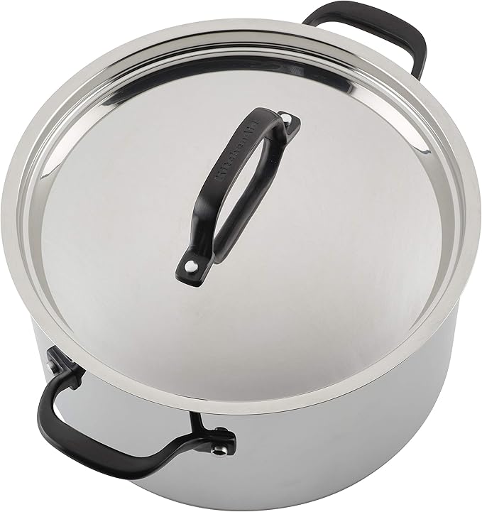 KitchenAid 5-Ply Clad Polished Stainless Steel Stock Pot/Stockpot with Lid, 8 Quart