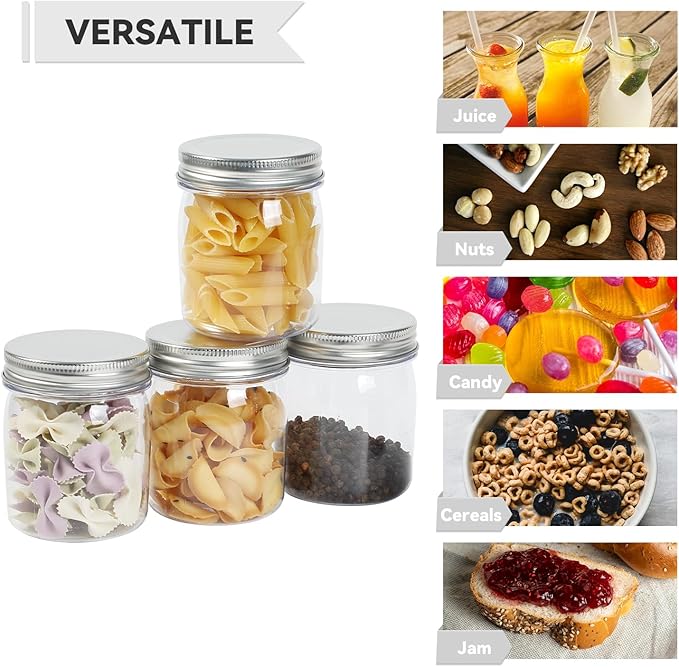 novelinks 8 oz Clear Plastic Jars with Airtight Lids, 16 Pack Plastic Mason Jars with Lids 8oz, Refillable Storage Slime Containers & Small Spice Jar for Kitchen Organization (16 Pack,Silver)