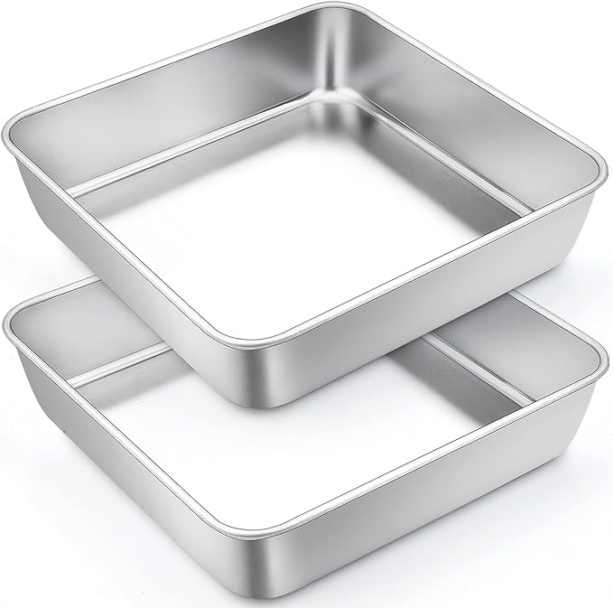 TeamFar 9 Inch Square Cake Pan Set of 2, Stainless Steel Square Baking Pan for Lasagna Cake Brownie, Healthy & Heavy Duty, Dishwasher Safe & Easy Clean, Deep Wall & Smooth Edge