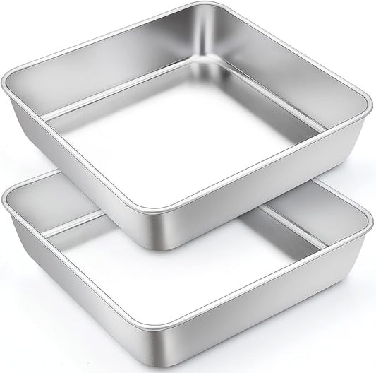 TeamFar 9 Inch Square Cake Pan Set of 2, Stainless Steel Square Baking Pan for Lasagna Cake Brownie, Healthy & Heavy Duty, Dishwasher Safe & Easy Clean, Deep Wall & Smooth Edge