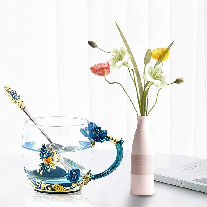 Summer Enamel Camping Tea Mug, Coffee Cup with Spoon Set Clear Glass Handmade Enamel Butterfly Flower,Mother's Day,Father's Day，Birthday,Christmas Gift(11 oz)…
