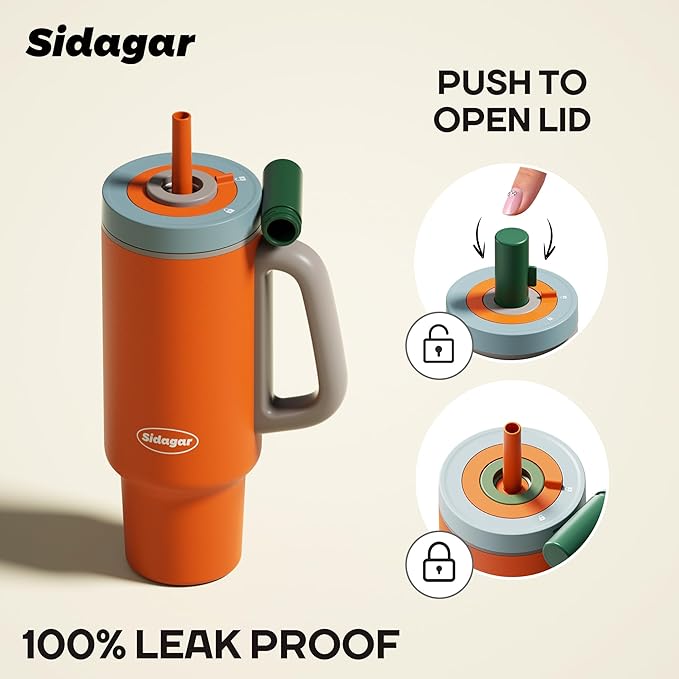 Tumbler with Handle,36 oz Ceramic Lined Travel Mug Water Bottle with Straw,Vacuum Insulated Stainless Steel Cup with Lid,Fits Cup Holder, Leak Resistant Press-in Lid,Orange