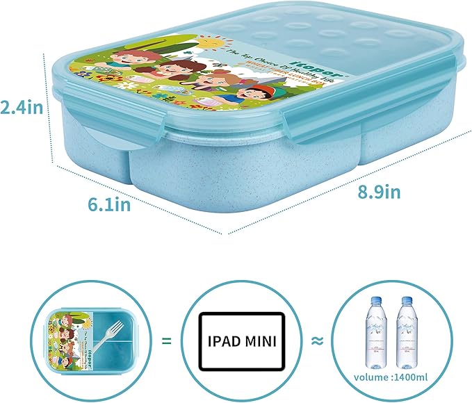 Wheat Straw Lunch Box, Leakproof 3-Compartment Bento Box for Kids & Adults, BPA-Free, Microwave & Dishwasher Safe, 5.5 Cup/1400 ml, Blue