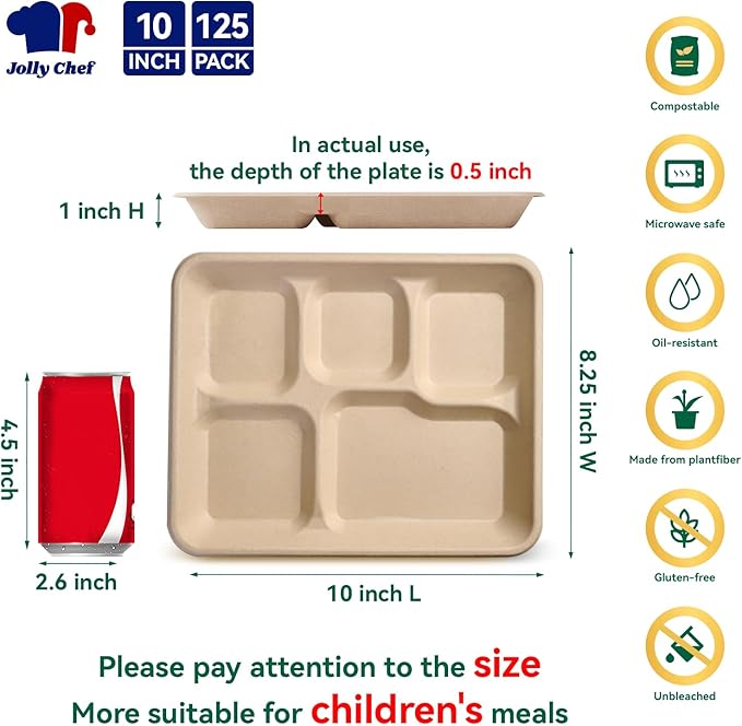 JOLLY CHEF Small Compostable 5 Compartment Paper Plates 10 * 8.25 * 1 inch 125 Pack Disposable Eco-Friendly Biodegradable Food Trays for Primary and Secondary School Students’ Lunch (Brown)