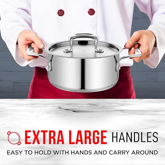 Stainless Steel Stockpot with Lid 2 Quart, Durable 18/8 Stainless Steel, Impact-Bonded Base for Even Heating, Riveted Handles, Oven & All Stove Compatible, Safe Up To 500°F (260°C)
