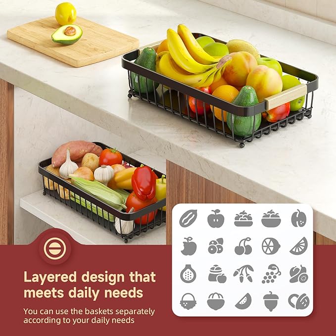 2 Tier Large Fruit Basket for Kitchen Counter with 2 Mobile Banana Hangers, 2026 Pro Detachable Metal Fruit Bowl with Wooden Handle (Black, 2 Tier Extra Large)