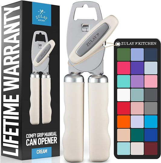 Zulay Kitchen Heavy Duty Stainless Steel Can Opener Manual with Bottle Opener - Rust Proof Manual Can Opener With Turn Knob & Comfy Soft Grip Handles - Cream