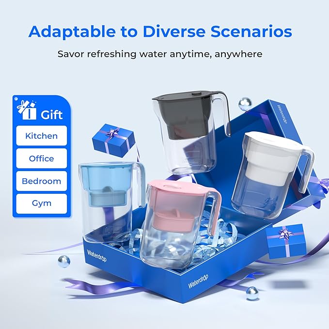 Waterdrop Water Filter Pitcher, 200-Gallon Long-Life, Countertop NSF Certified Water Purifier, Replaces 6,400 Plastic Water Bottles a Year, Reduces Chlorine, PFOA/PFOS, 7-Cup, Blue