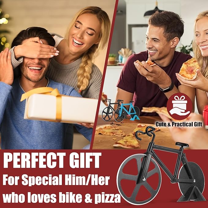 Bicycle Pizza Cutter Wheel - Gifts for Cyclists, Men, Dad, Bike Lovers - Funny Kitchen Gadgets - Cool Father’s Day, Christmas, Birthday, White Elephant Gifts - Stainless Steel Pizza Slicer(Black)