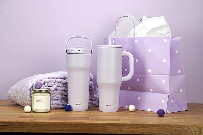 Zak Designs Sutton Travel Tumbler for On the Go, 40oz Stainless Steel with Vacuum Insulation, Silicone Straw, and Carry Handle for Cold Drinks (Smoky Lilac Purple)