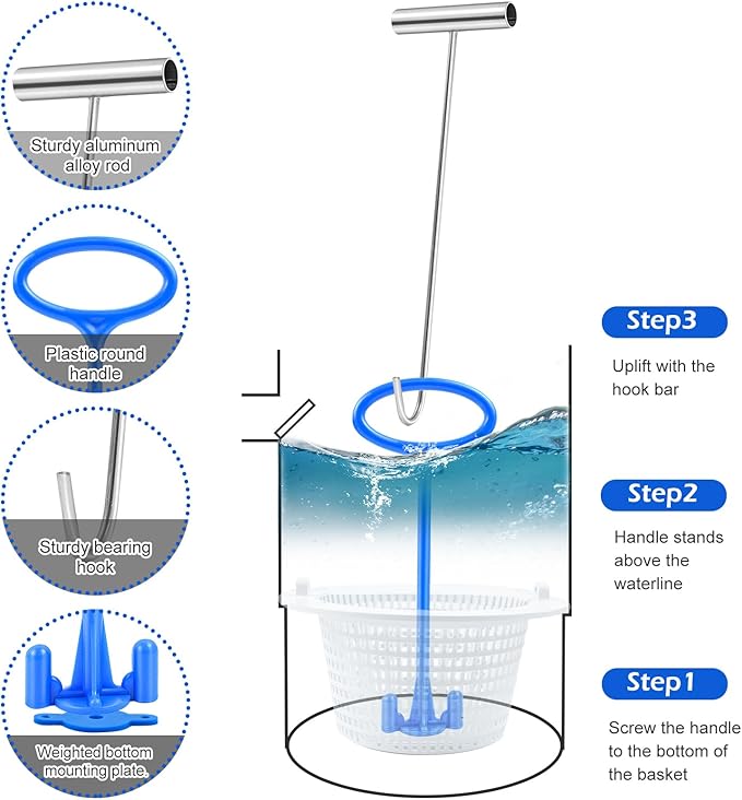 Skimmer Basket Handle, Universal Swimming Pool Skimmer Basket Handle Hook Pool Filter Basket Handle Fit All Inground Pool for Debris Removal Keep Hands Safe and Clean