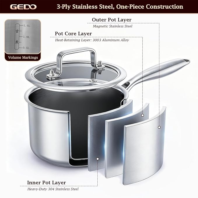 GEDO 3-Ply 304 Stainless Steel Saucepan with Lid, One-Piece Rivet-Free & Seamless Design, Angled Spout & Heat-Resistant Handle, Universal Stovetop Compatible for Indoor Cooking (7 In / 18cm Size)