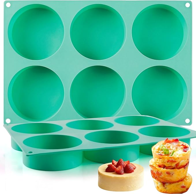 4Inch Round Silicone Mold for Baking, 2Pcs Large Silicone Muffin Top Pan Non-Stick, 6-Cavity Baking Mold for Breakfast Sandwiches Hamburger Egg Whoopie Pie (1.4Inch Deep)
