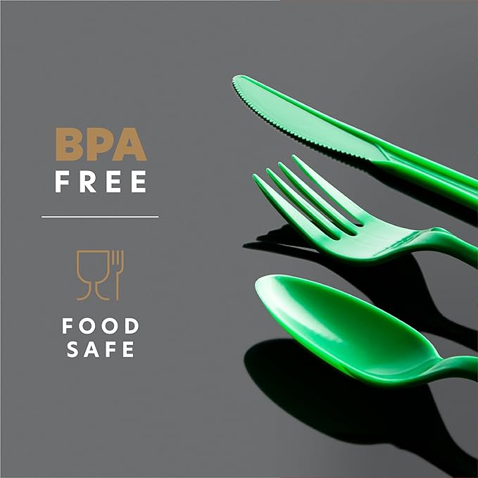 PLASTICPRO 400 Pack Disposable Christmass Green Cutlerys Plastic Utensils Assorted Colored Cutlery Combo Set Forks Spoons Knives Silverware, Green Plastic Cutlery for Parties