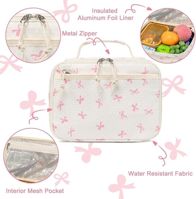 LEDAOU Lunch Box Kids Insulated Lunch Bag Girls Toddler Reusable Lunchbox for School Picnic Hiking (Pink Bow)