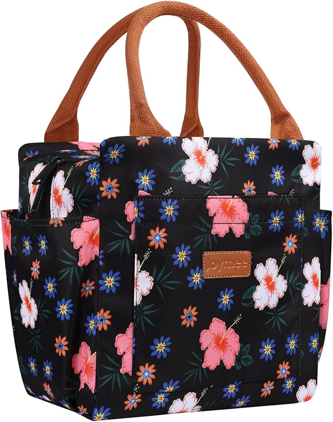 Joymee Lunch Bag Women Insulated Lunch Box Reusable Leakproof Large Spacious Cooler Tote for Women Men Adult with Bottle Holder and Side Pockets for Work Office Travel Picnic -Black Floral