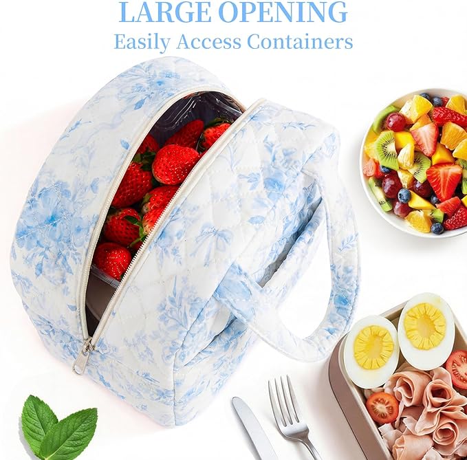 Quilted Lunch Box for Women,Coquette Aesthetic Lunch Box for Teen Girls,Cute Blue Floral Lunch Bags for Work, School,Office,Picnic,Travel (Big Blue Floral)