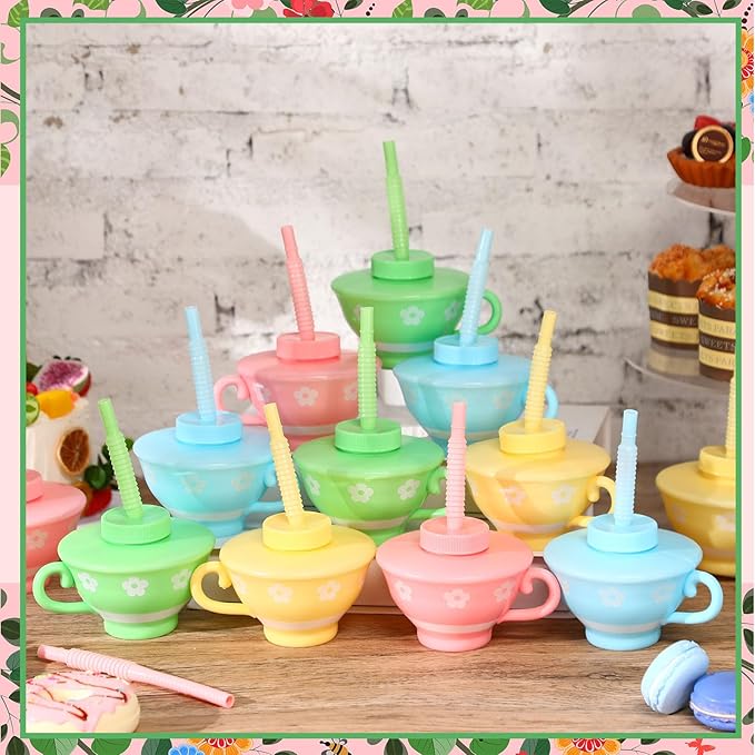 Zhehao 24 Pieces Plastic Tea Cups with Lids and Straws for Kids Tea Party 9 oz Reusable Disposable Party Teacups Bulk for Spring Birthday Baby Shower Princess Decorations